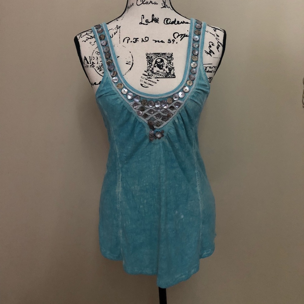 Free People Sequin-Embellished Turquoise Tank Top